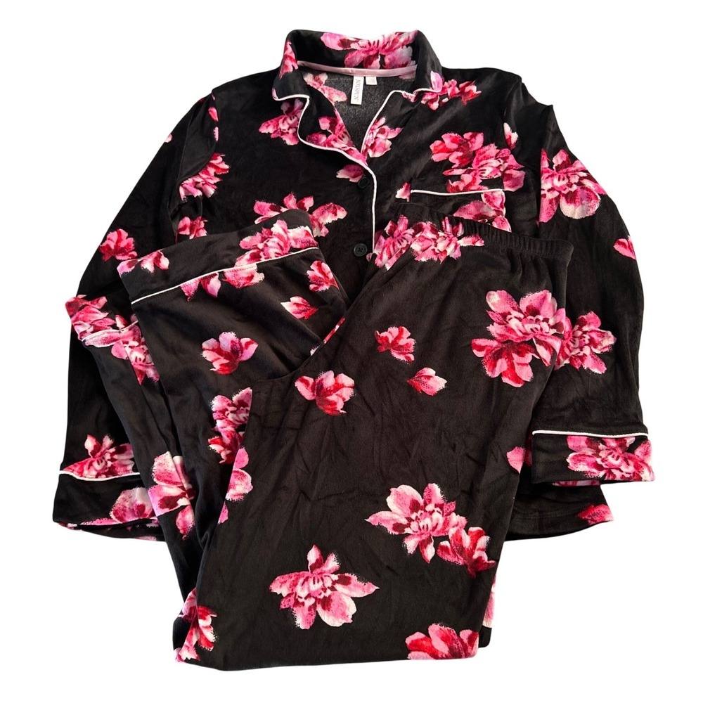 Joyspun Floral Two Piece Pajama Set Womens‎ Size Small (4-6) Black Pink Fuzzy